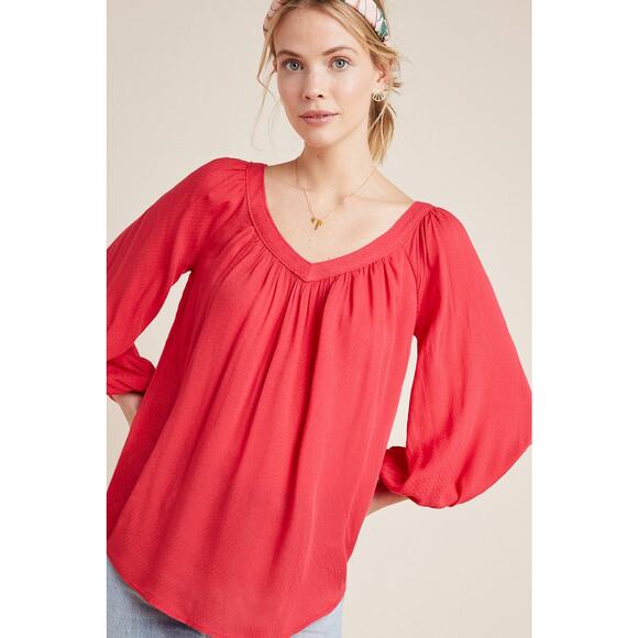 Anthropologie Top Womens 6 Boswell V-Neck Blouse Bright Red Balloon Sleeve Maeve - Picture 1 of 6